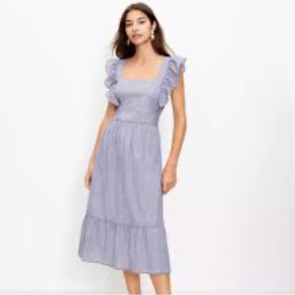 LOFT Blue Checked Cutout Midi Dres☀️